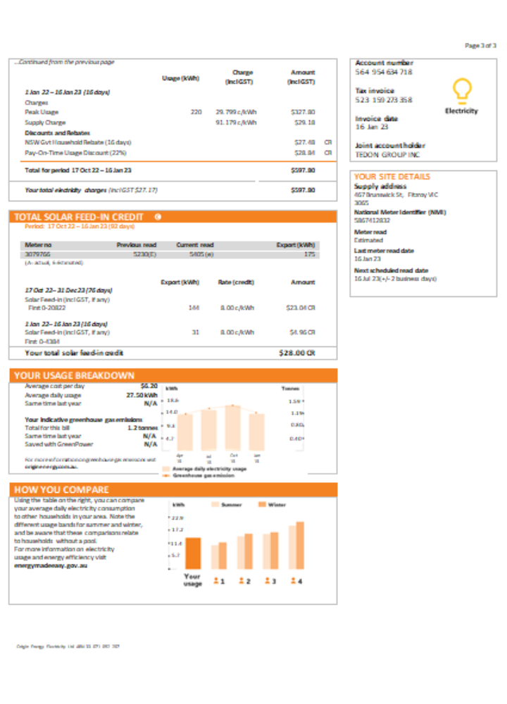 New South Wales (NSW) Origin electricity utility business bill, SCR, page 3 PSD template